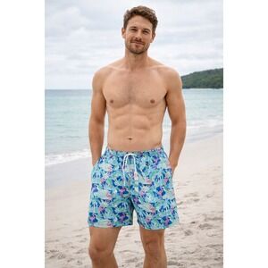 Mens Resort Swim Trunk Flamingo Tropical Print Blue Size L